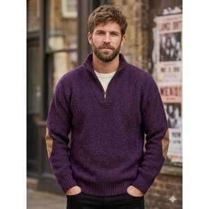 Vintage REI 90s Purple Wool Blend Quarter Zip Sweater Elbow Patches Large Ski